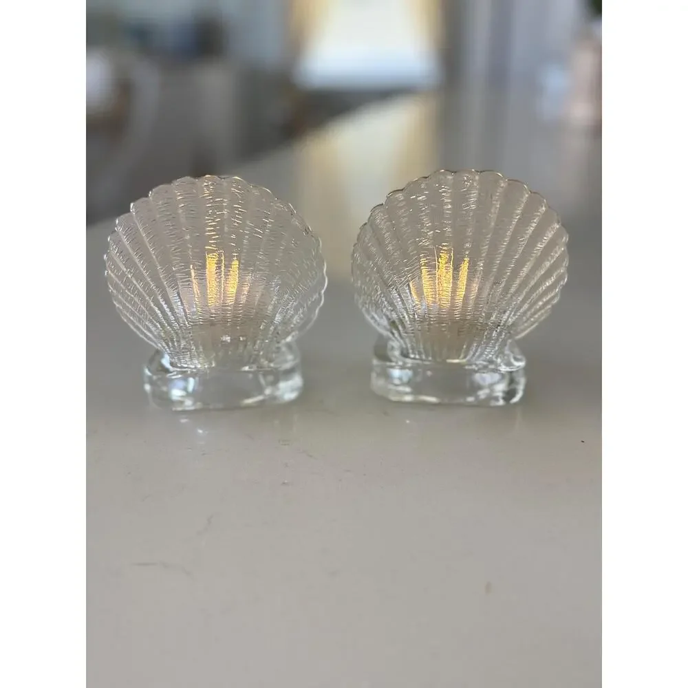 Vintage Clear Glass Scallop Shell Tealight Candle Holders Coastal Decor Pair